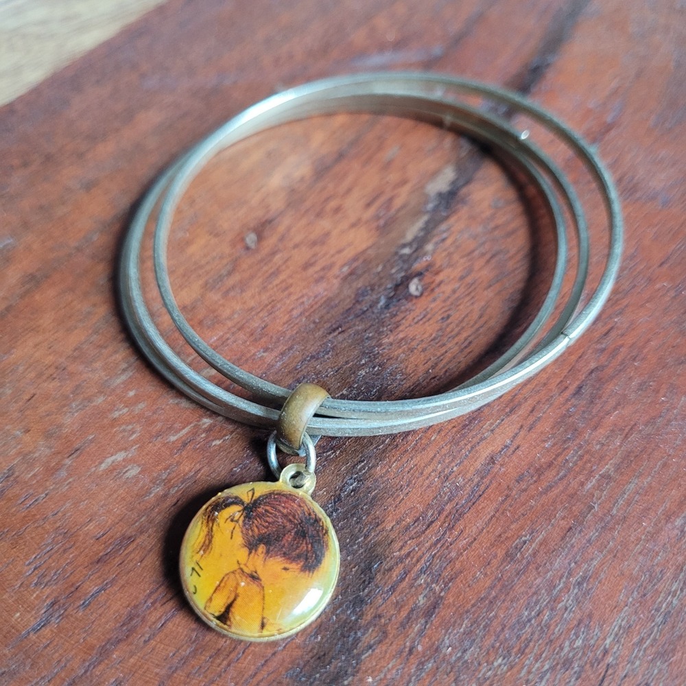 1970s Vintage Triple Bangle Bracelet with "Mo" Girl Charm Fran Mar 1972 Moppets
